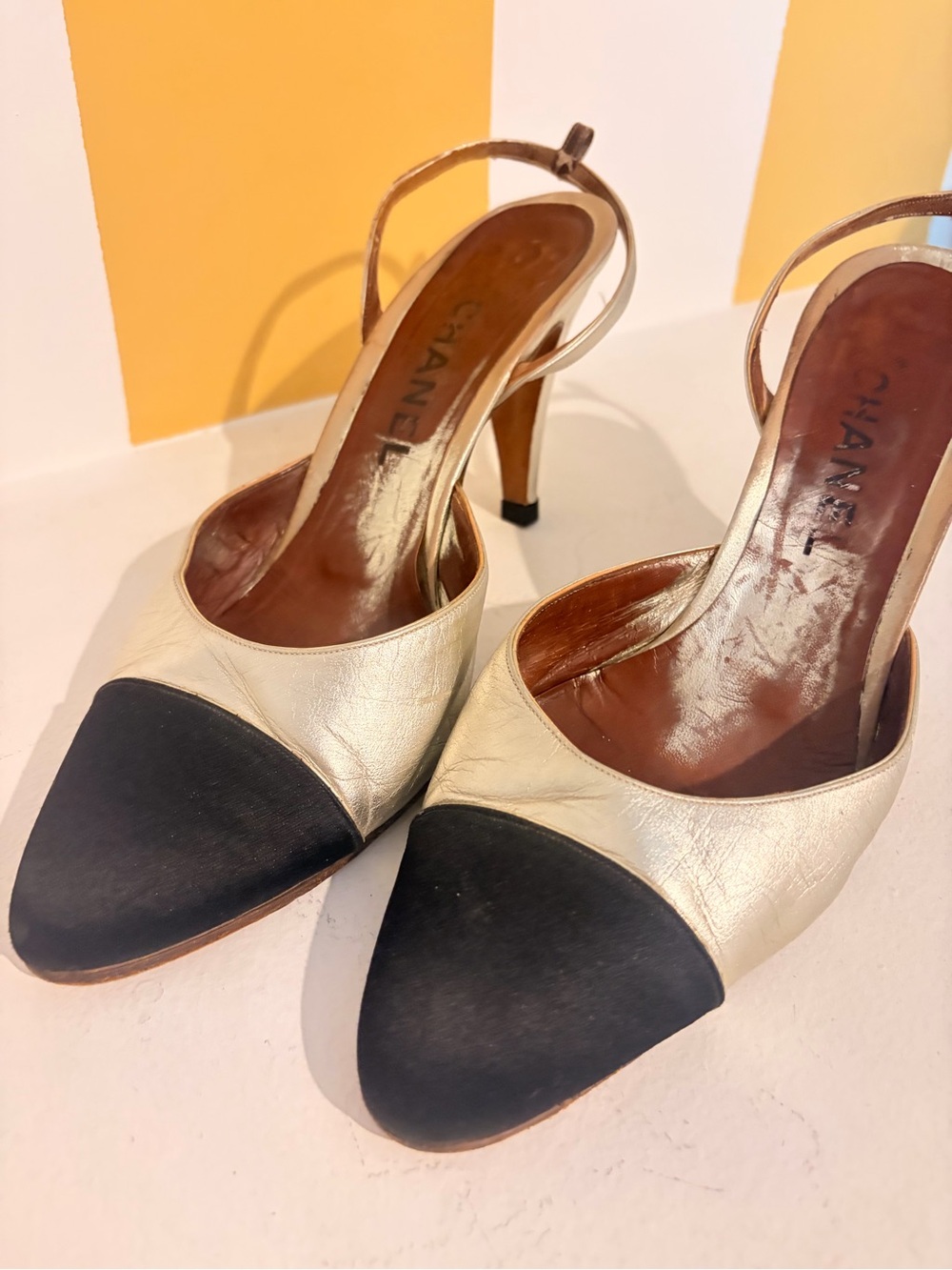 CHANEL Gold Leather Slingback Pumps with Black Cap Toe - Picture 2 of 6